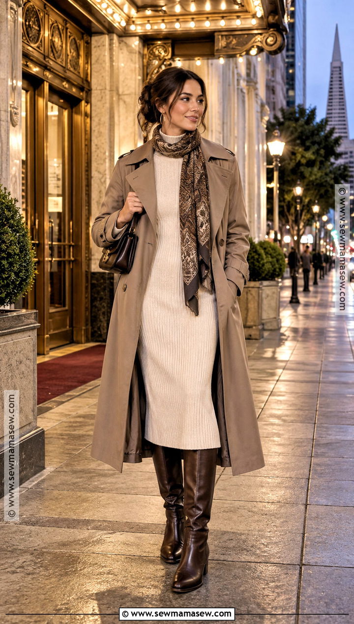 San Francisco Sweater Dress And Trench Coat Outfit - 15 San Francisco In November Outfits