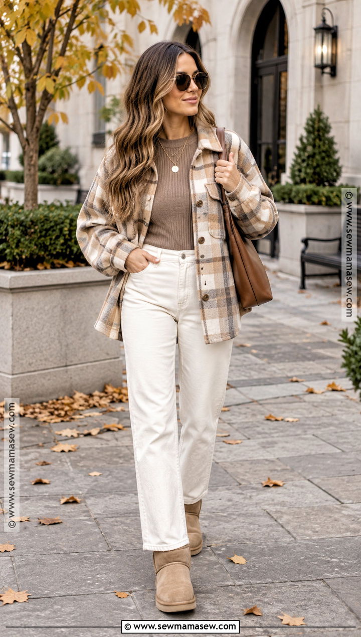 Sand UGG Boots With Cream Jeans And Shacket - 15 ugg boots outfit fall