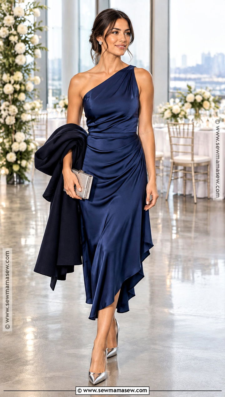 Sapphire Asymmetrical Midi Dress for a Fall Semi Formal Wedding - 20 fall semi formal wedding attire ideas