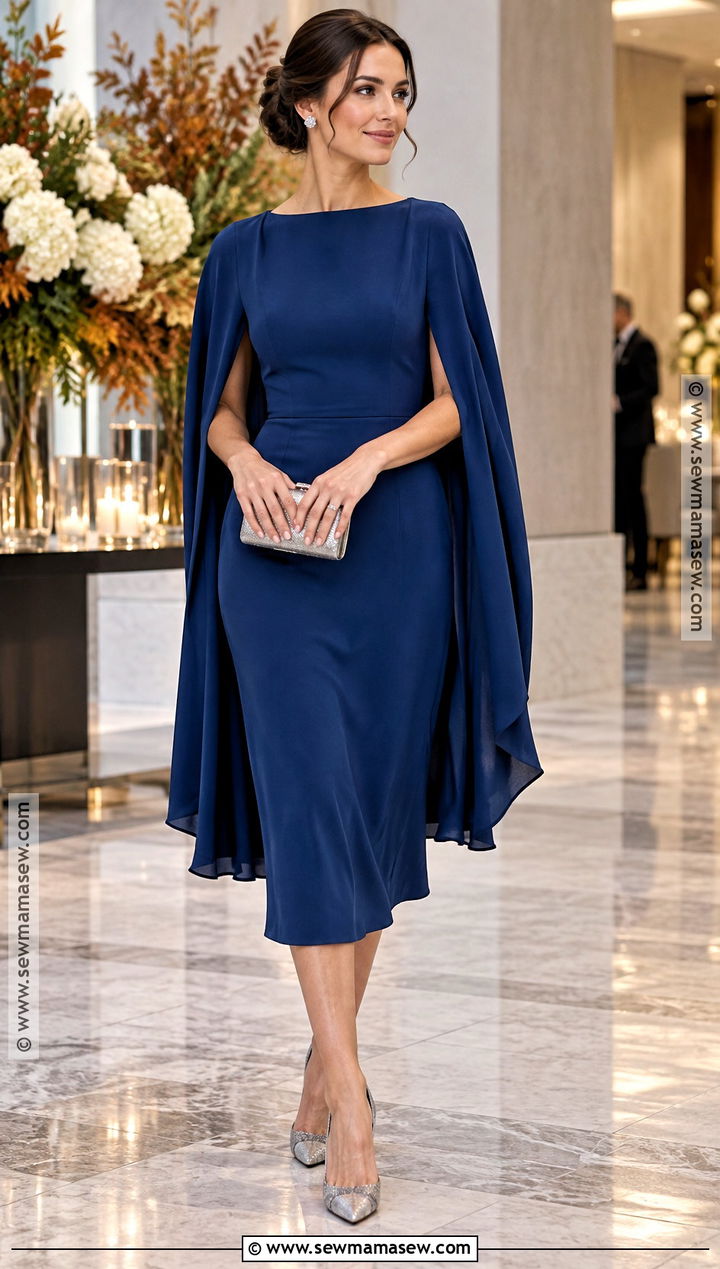 Sapphire Blue Cape Dress Outfit - 15 formal cocktail dress wedding guest fall ideas