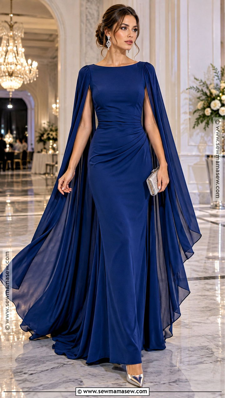 Sapphire Blue Cape Sleeve Autumn Ball Dress - 20 autumn ball dress ideas