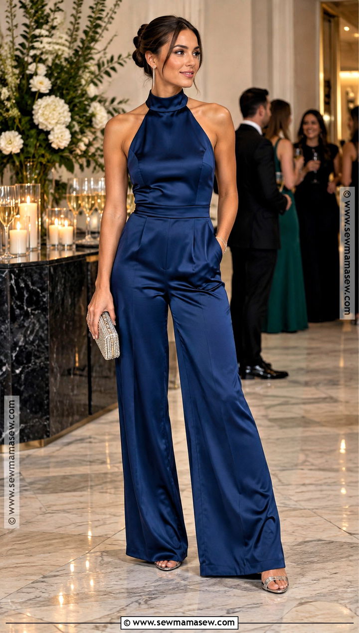 Sapphire Blue Halter Jumpsuit - 15 wedding guest jumpsuit fall ideas