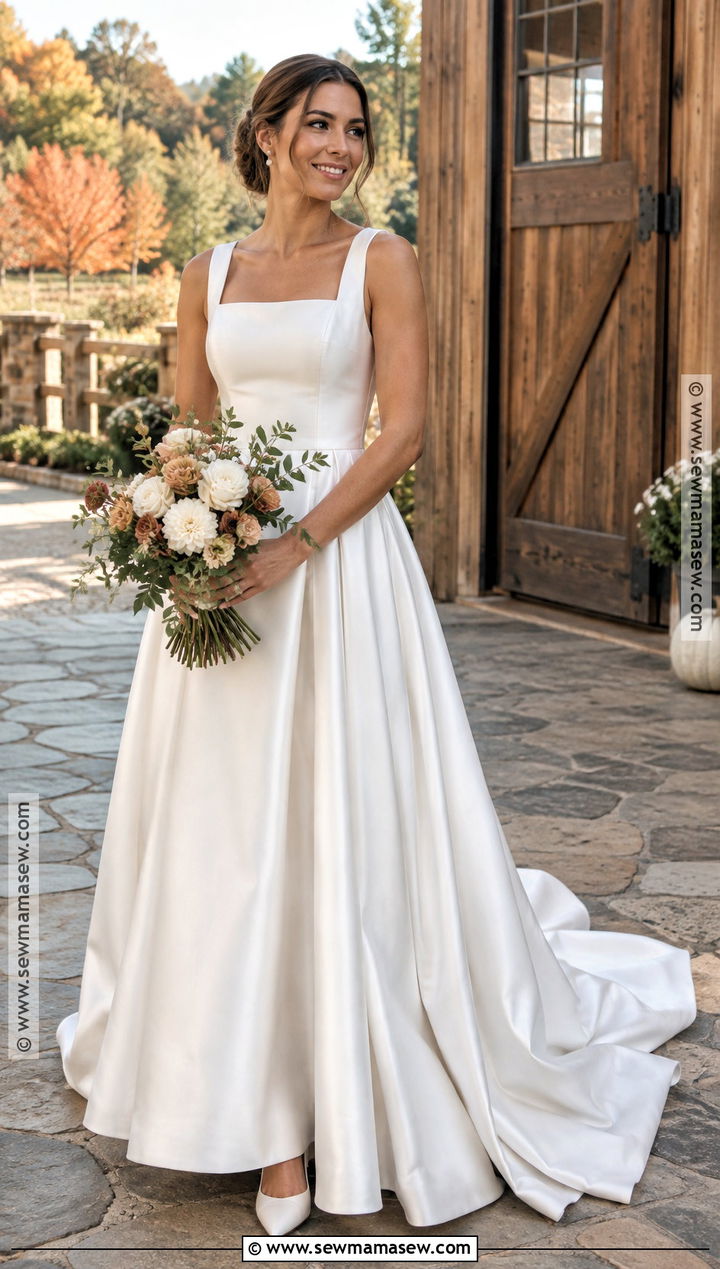 Satin A Line Fall Wedding Dress - 15 Wedding Dress For Fall Outdoor Wedding Ideas