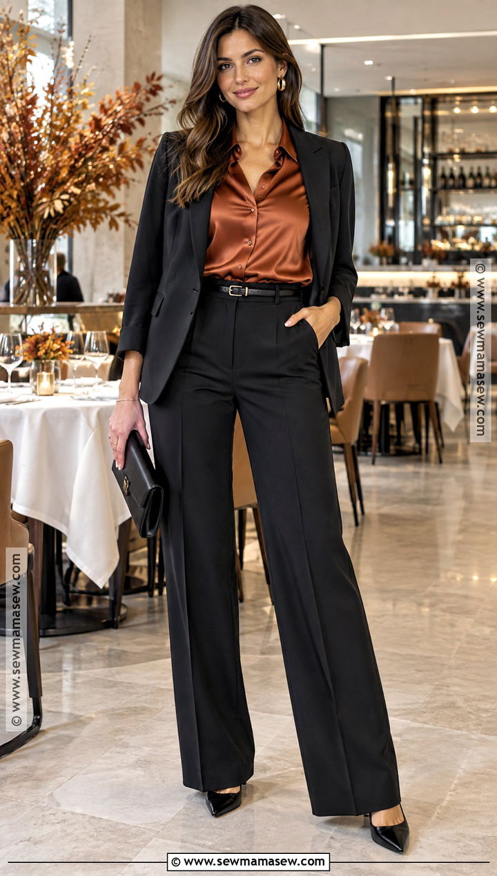 Satin Blouse And Black Trousers Autumn Outfit - 20 evening autumn outfit ideas