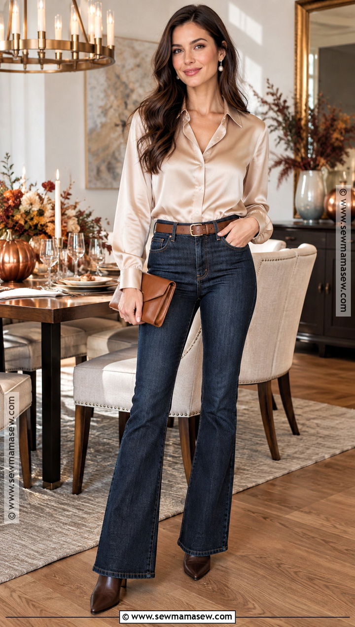 Satin Blouse And Flare Jeans Outfit - 20 Thanksgiving Jeans Outfit