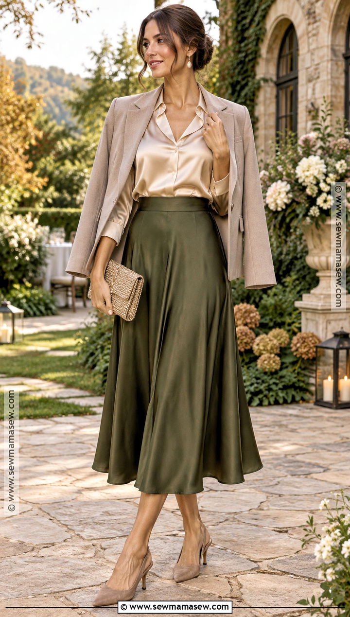 Satin Blouse And Midi Skirt Fall Wedding Guest Outfit - 25 casual fall wedding outfit guest ideas