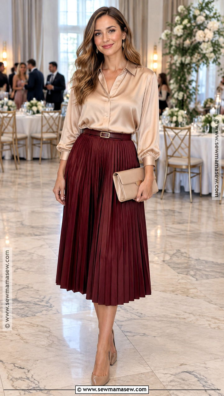 Satin Blouse And Pleated Skirt Fall Wedding Guest Outfit - 25 semi formal fall wedding guest attire ideas