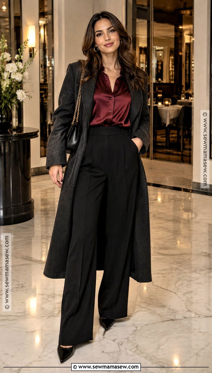 Satin Blouse And Wide Leg Pants Steakhouse Dinner Outfit - 20 Steakhouse Dinner Outfit Fall Ideas for Women