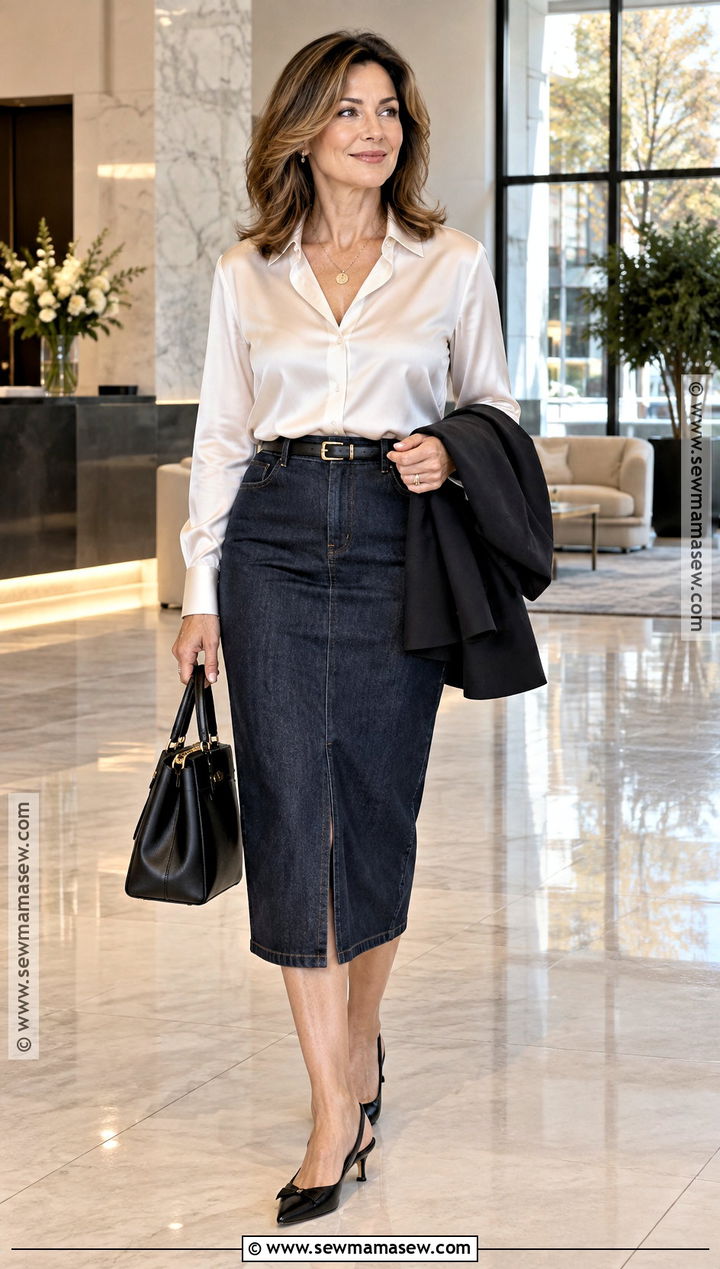 Satin Blouse Dark Jean Pencil Skirt And Slingbacks - 25 jean skirt fall outfits