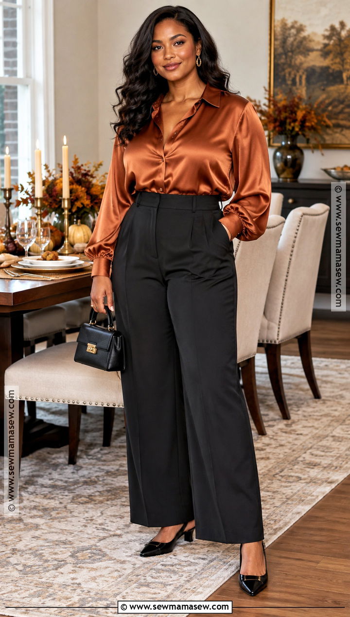 Satin Blouse and Tailored Trousers Thanksgiving Outfit - 20 thanksgiving outfit with pants