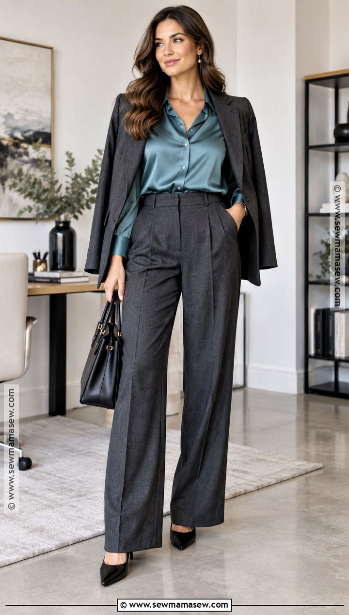Satin Blouse and Wool Trousers Office Outfit - 15 Office Outfits Autumn 2026