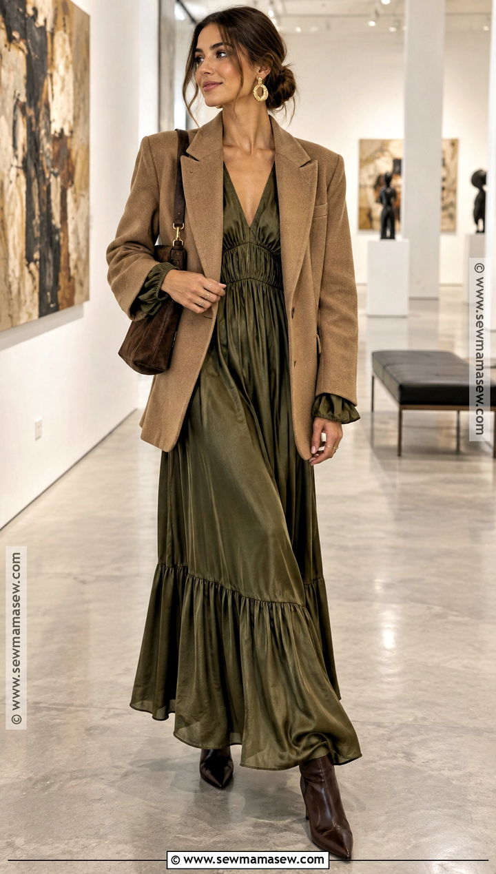 Satin Boho Maxi Dress With Blazer - 15 Boho Fall Dress Ideas