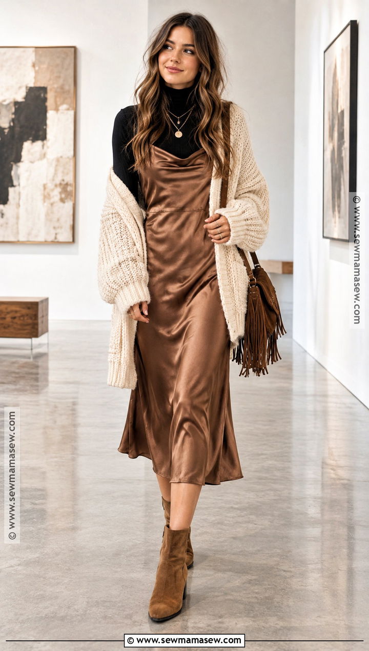 Satin Boho Slip Dress With Chunky Cardigan And Boots - 15 fall winter boho outfits