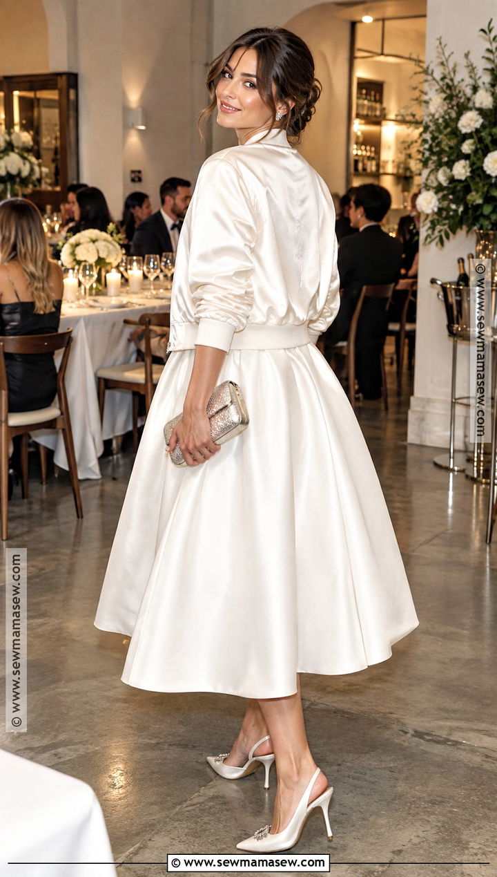 Satin Bridal Bomber Jacket With Tea Length Dress - 15 Fall Wedding Jacket Brides Ideas