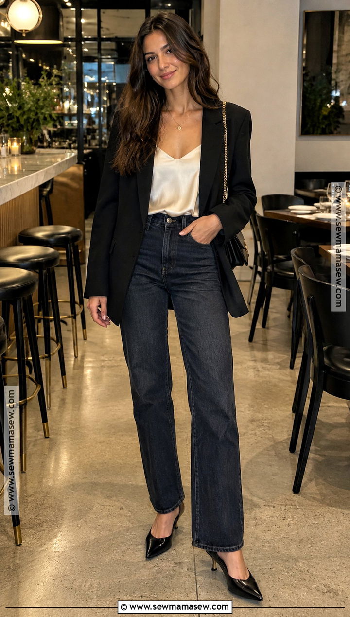 Satin Camisole And Dark Jeans Dinner Outfit - 20 girls dinner outfit fall ideas