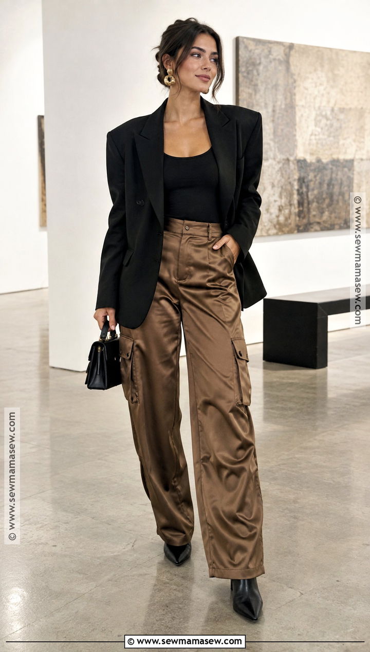 Satin Cargo Pants With Blazer And Heeled Boots - 15 cargo autumn outfit ideas