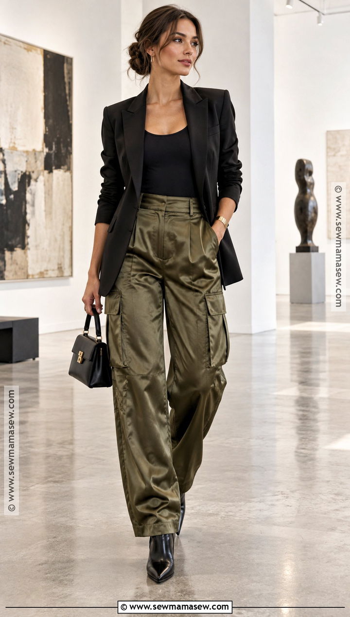 Satin Cargo Pants With Blazer and Heeled Boots - 15 fall outfits women cargo pants