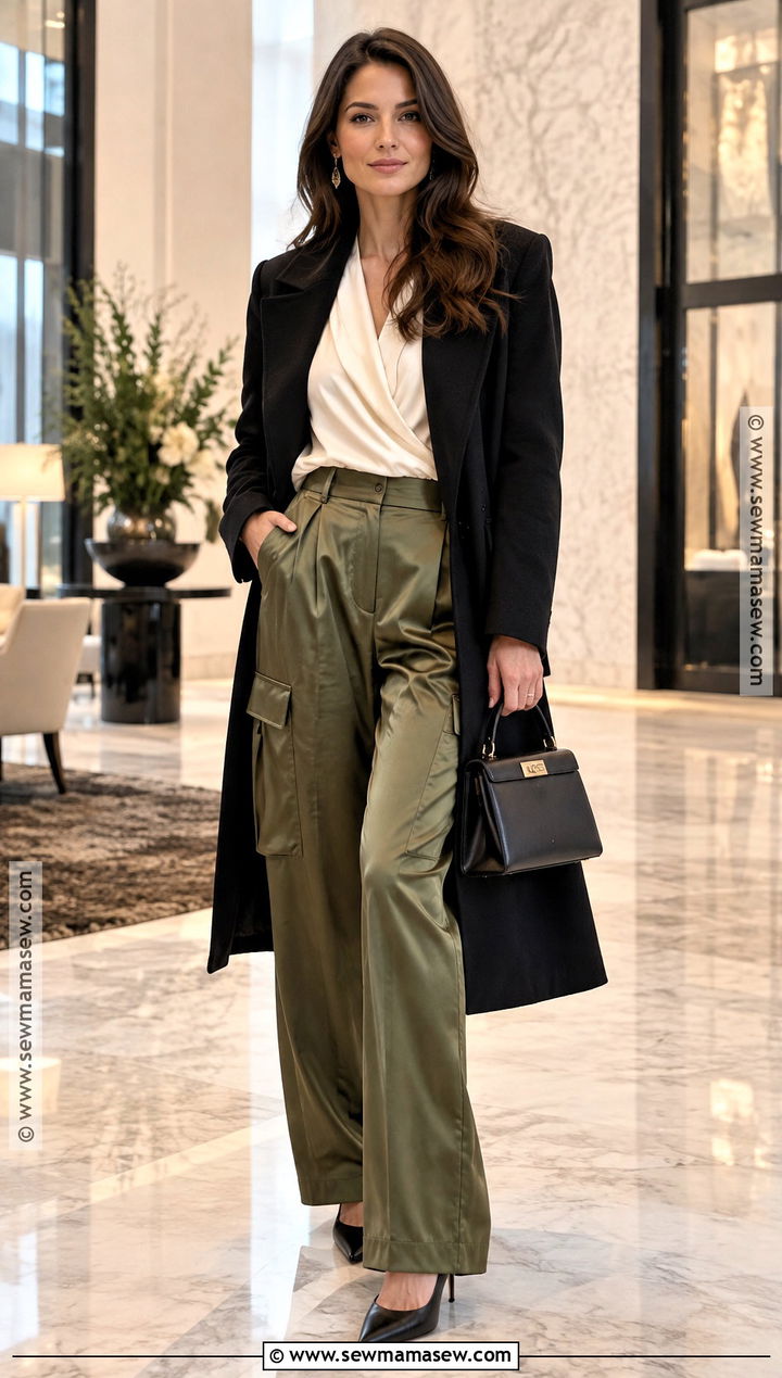 Satin Cargo Pants With Blouse And Heels - 20 fall cargo pants outfit
