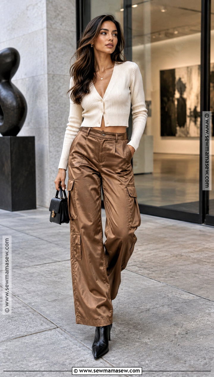 Satin Cargo Pants With Cropped Cardigan - 15 Cargo Pants Outfit Fall Street Styles