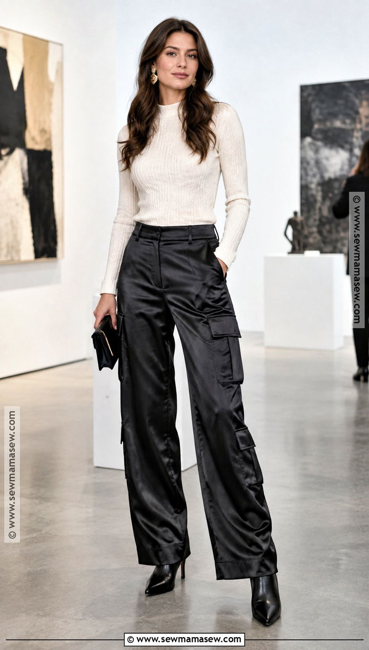 Satin Cargo Pants With Fitted Knit And Heels - 15 cargo pant fall outfit ideas