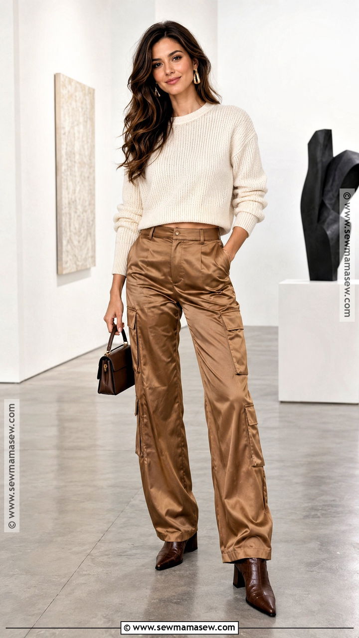 Satin Cargo Pants With Knit Sweater And Heeled Boots - 20 fall cargo pants outfit for women