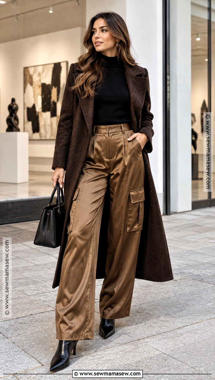 Satin Cargo Pants With Knit Top And Heels - 15 Fall Outfit Ideas With Cargo Pants