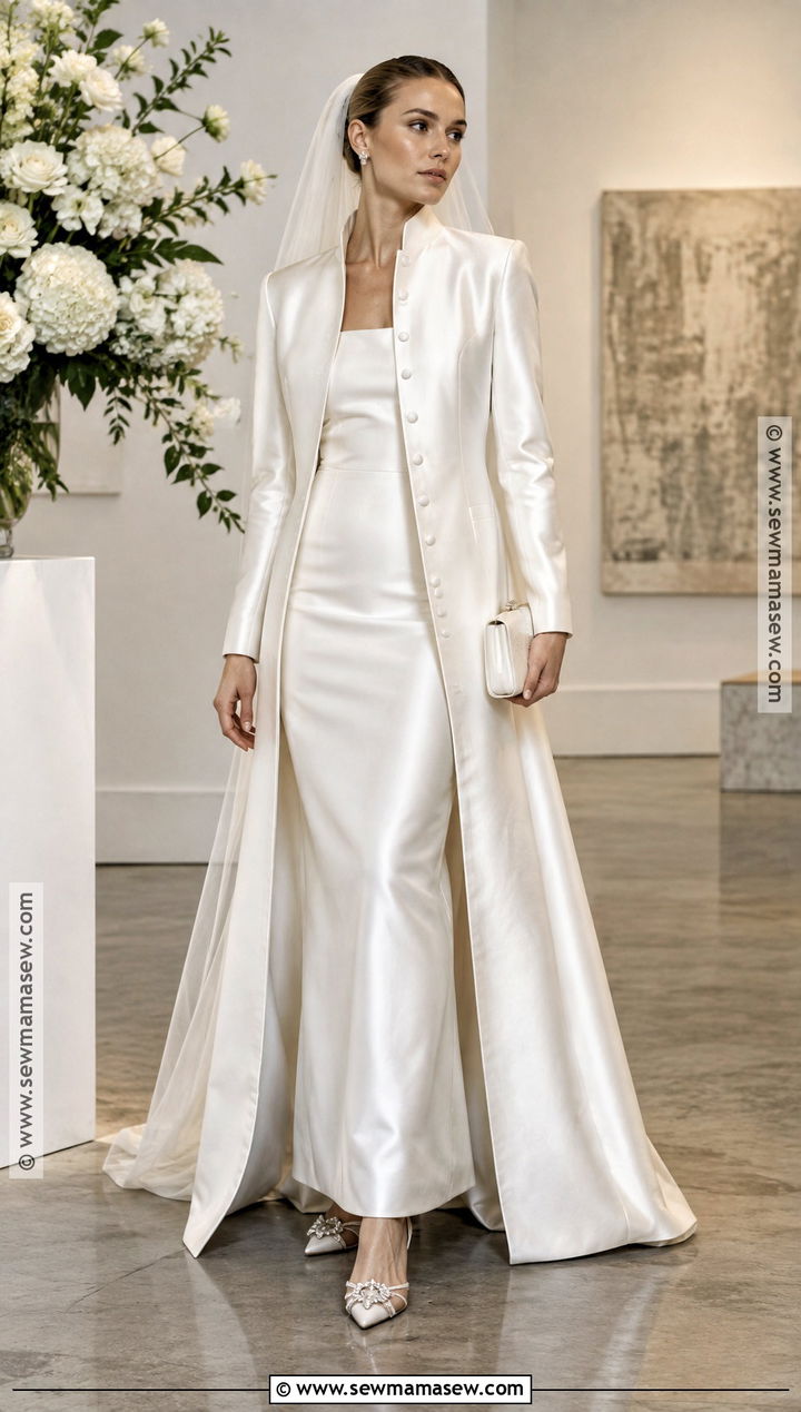 Satin Coat With Column Wedding Dress - 15 Wedding Dress Coat Fall Ideas