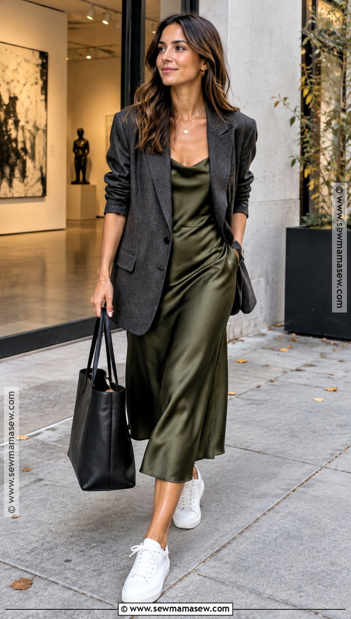 Satin Dress Oversized Blazer And Sneakers Fall Outfit - 25 transition to fall outfits