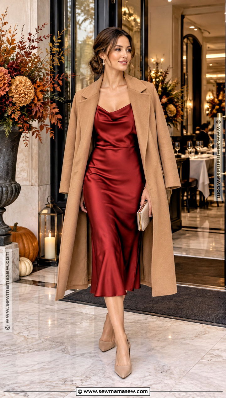 Satin Dress Thanksgiving Outfit With Tailored Coat - 25 Thanksgiving Fits