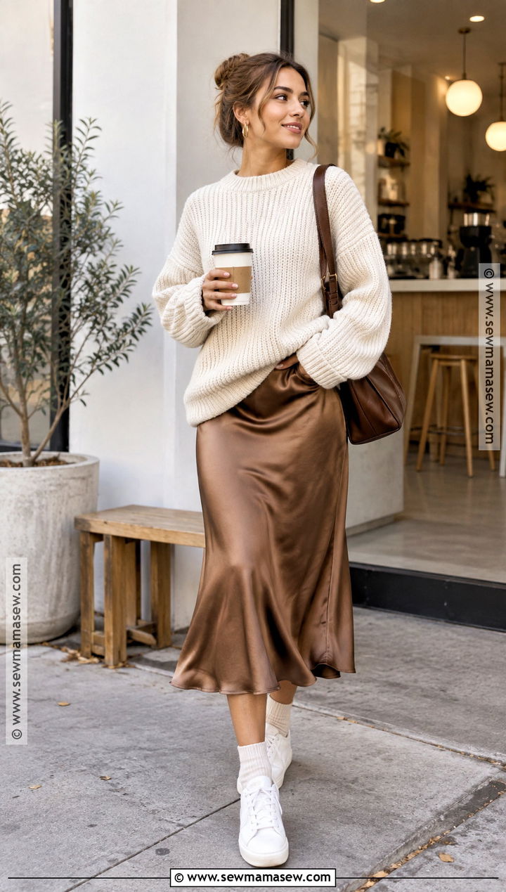Satin Dress With Chunky Sweater and Sneakers - 20 layered dress outfit fall ideas