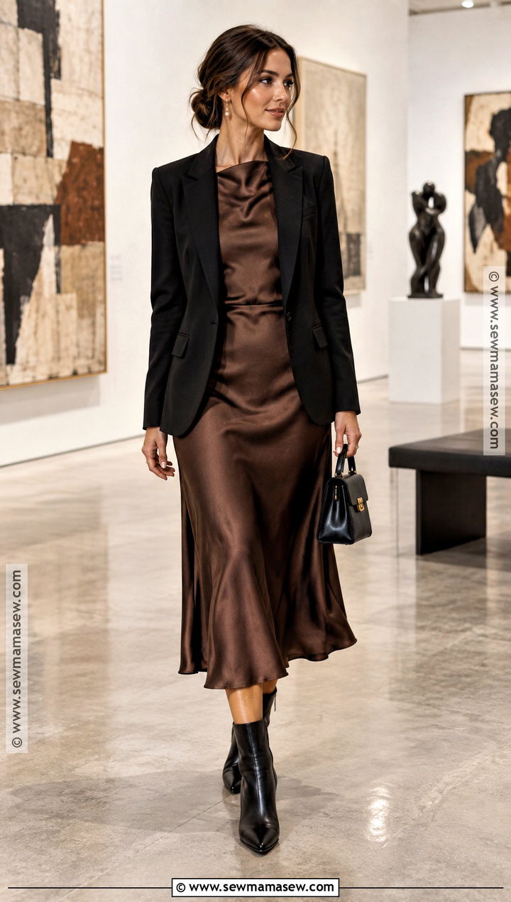 Satin Fall Dress With a Tailored Blazer - 15 fall dresses with sleeves