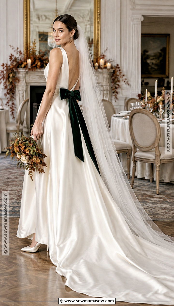 Satin Fall Wedding Dress With Velvet Bow - 20 romantic fall wedding dress ideas