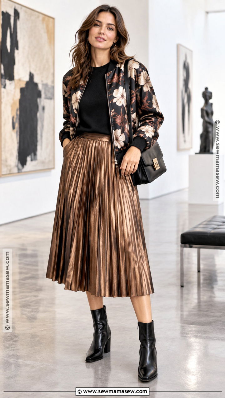 Satin Floral Print Bomber Jacket With Midi Skirt - 15 floral print jacket fall ideas