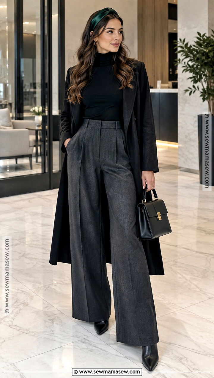 Satin Headband With Turtleneck And Wide Leg Pants Outfit - 20 Fall Headband Outfits