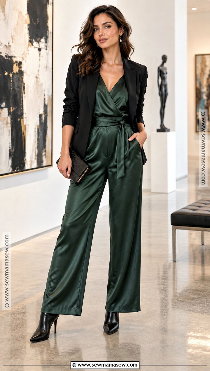 Satin Jumpsuit With Blazer And Heeled Boots - 15 Fall Jumpsuit Outfit Ideas