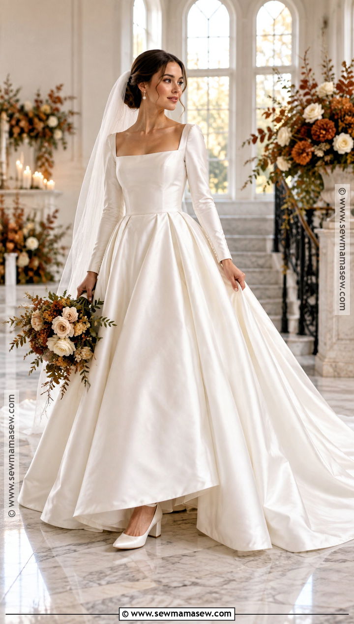 Satin Long Sleeve Ball Gown Wedding Dress - 15 fall long sleeve wedding dress ideas
