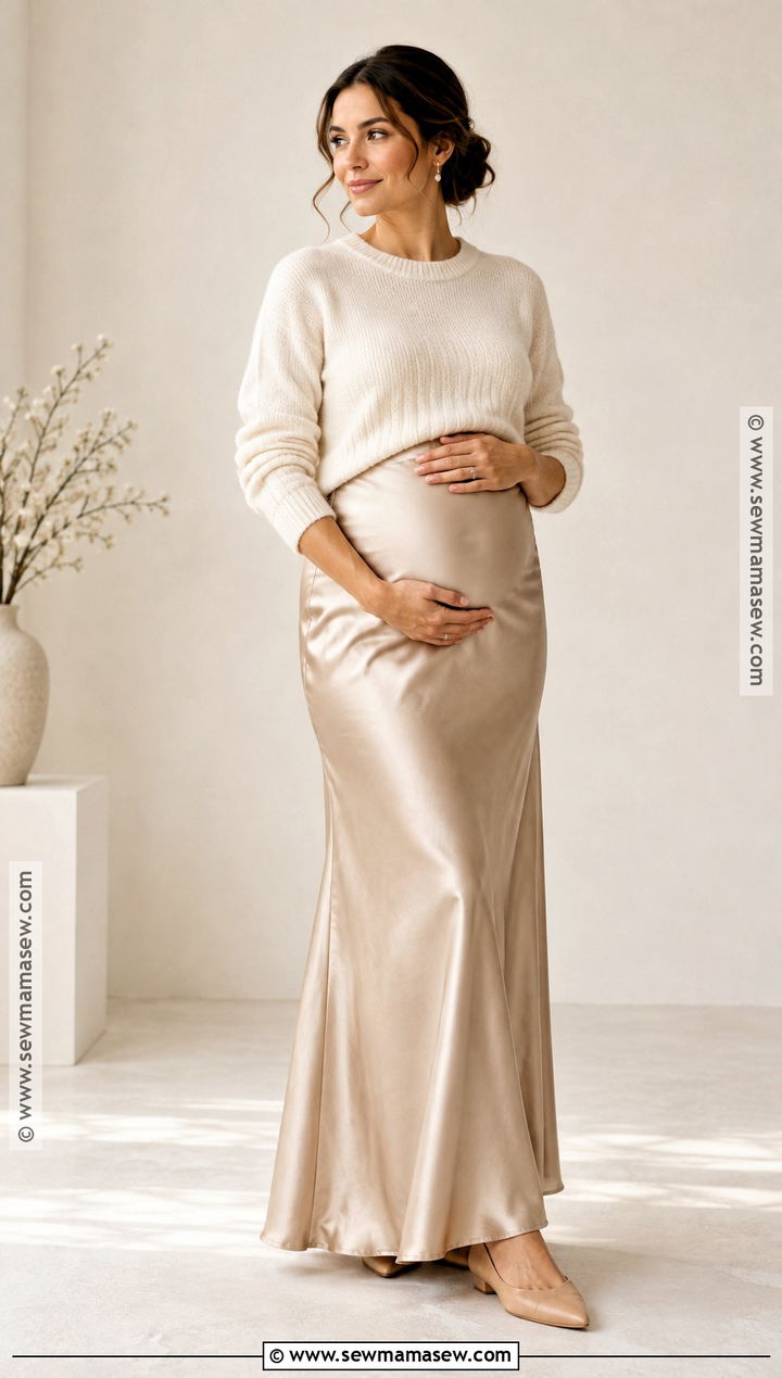 Satin Maternity Skirt With Cashmere Sweater - 20 Fall Maternity Photoshoot Outfits