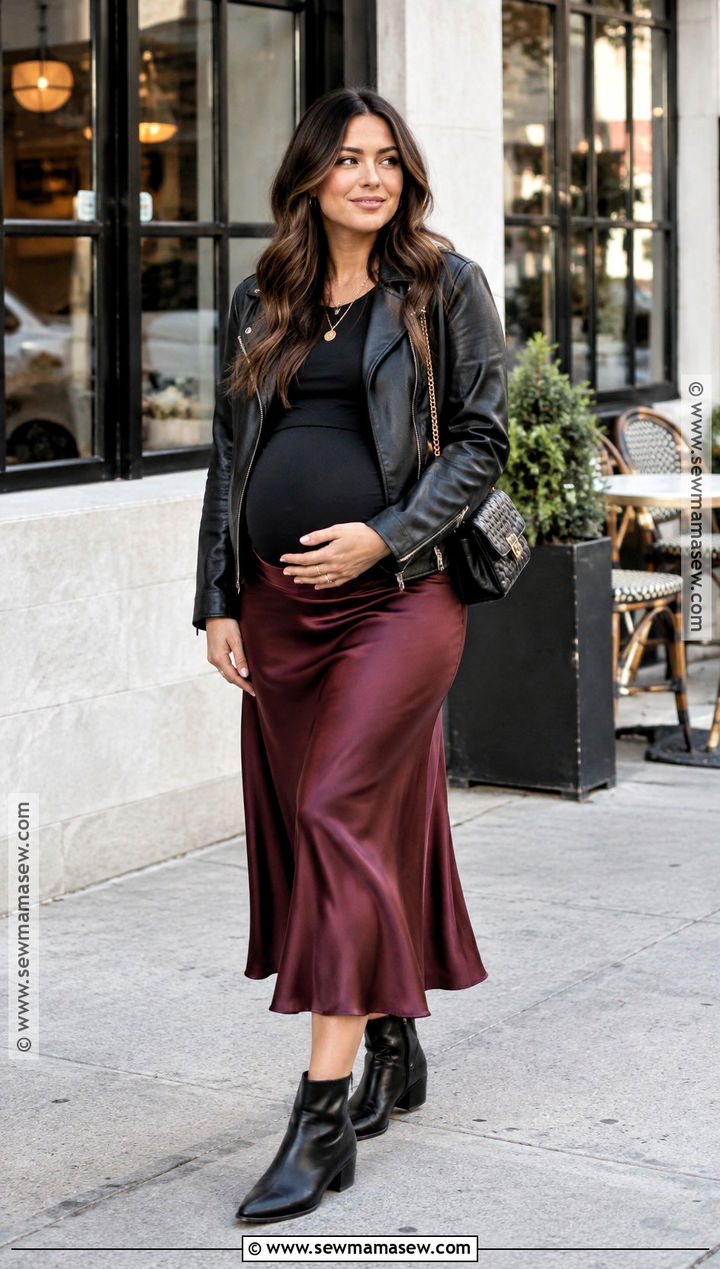 Satin Maternity Skirt With Leather Jacket - 15 maternity skirt outfits fall