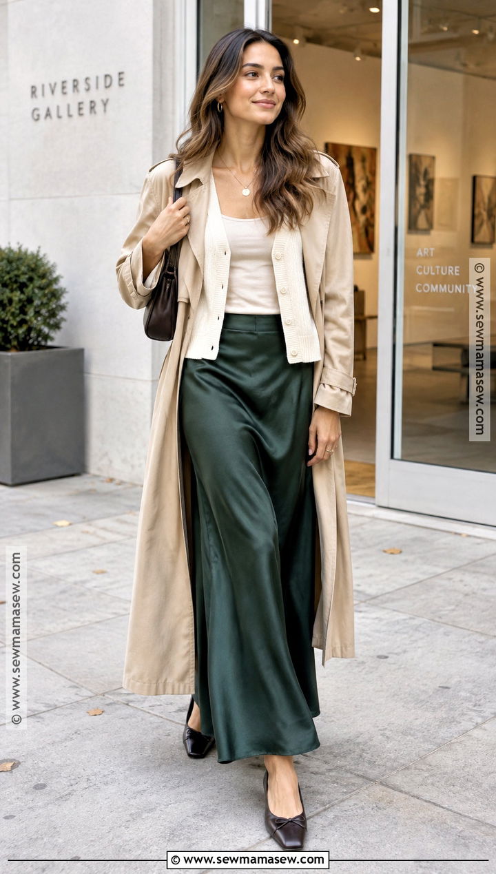 Satin Maxi Skirt With Cardigan And Ballet Flats - 30 fall skirt outfits