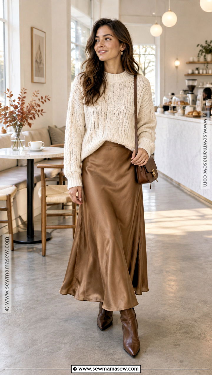 Satin Maxi Skirt With Chunky Sweater And Ankle Boots - 25 maxi skirt fall outfit ideas