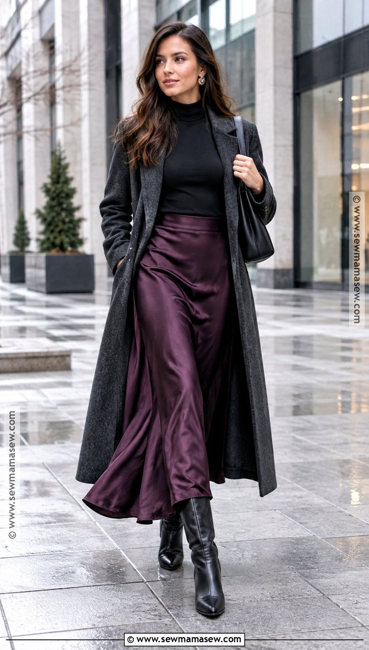 Satin Maxi Skirt With Mock Neck Top And Long Coat - 15 fall outfits with satin skirt