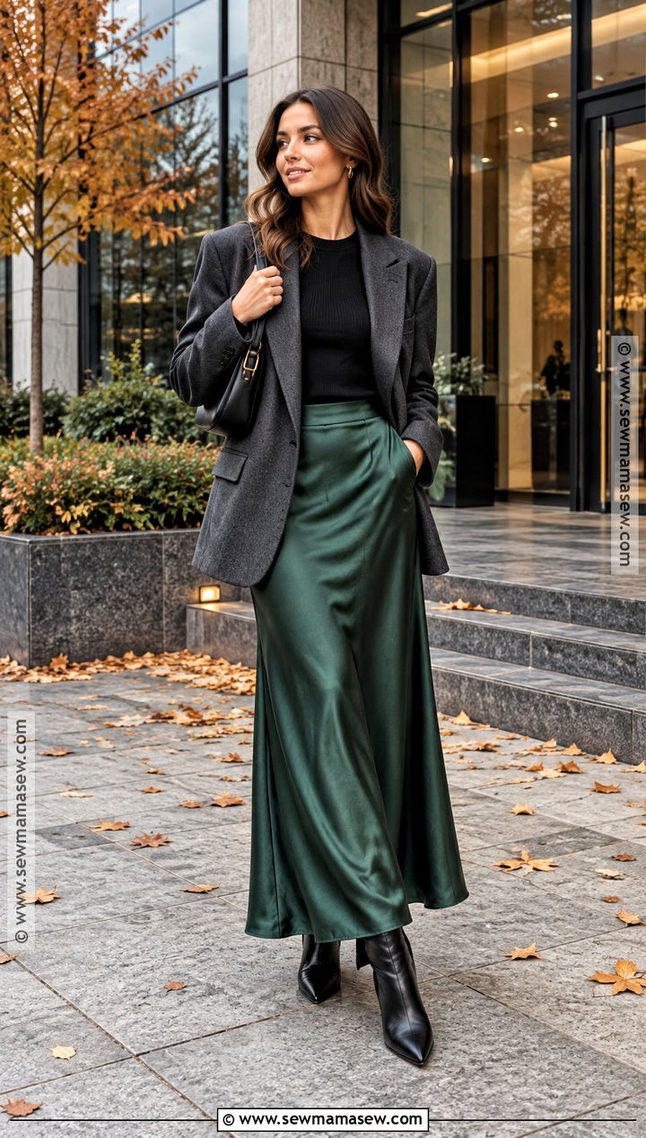 Satin Maxi Skirt With Oversized Blazer And Boots - 20 Autumn Maxi Skirt Outfit Ideas