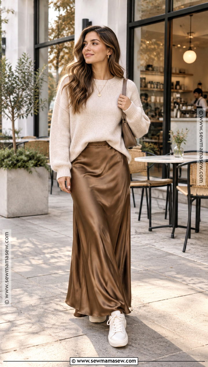 Satin Maxi Skirt With Oversized Sweater And Sneakers - 25 fall maxi skirt outfits