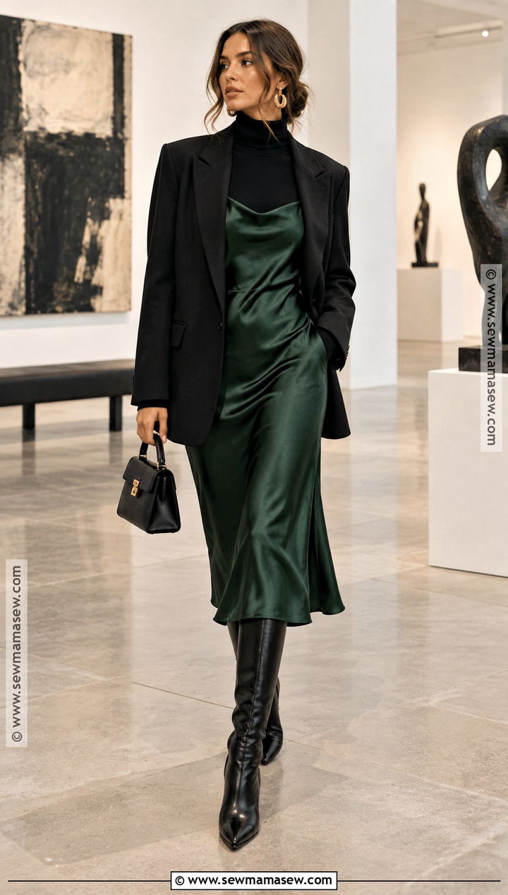 Satin Midi Dress And Leather Boots - 20 fall dress and boots outfit