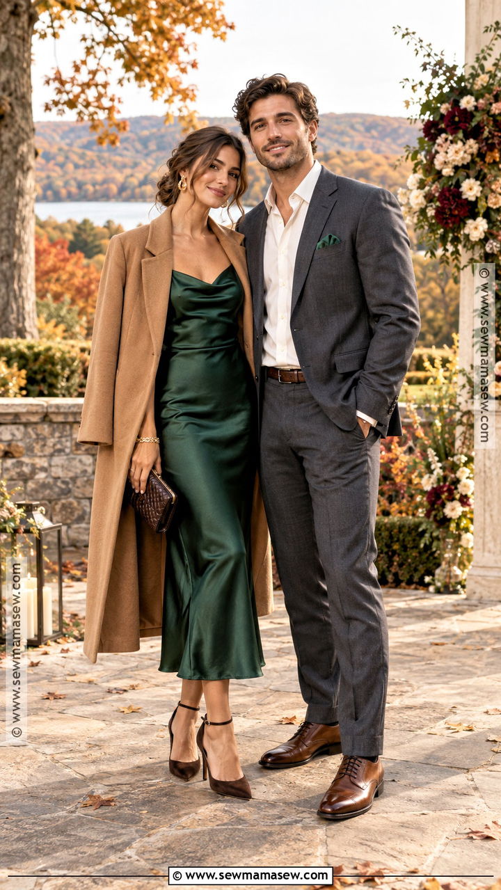Satin Midi Dress And Suit Autumn Couple Outfit - 20 autumn couple outfit ideas