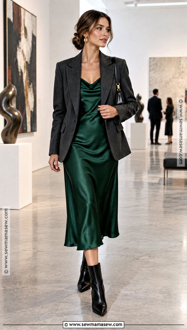 Satin Midi Dress And Wool Blazer Outfit - 25 dress fall outfits