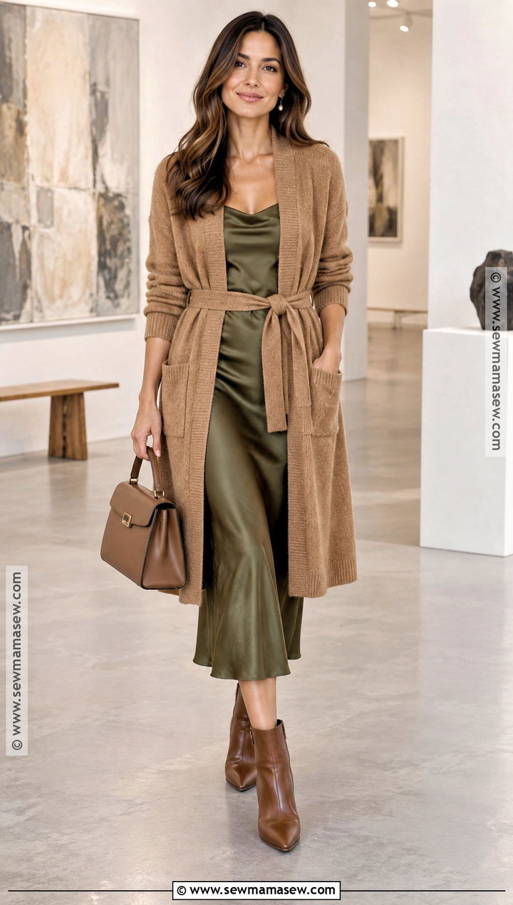 Satin Midi Dress With Belted Cardigan - 20 dress with cardigan fall ideas