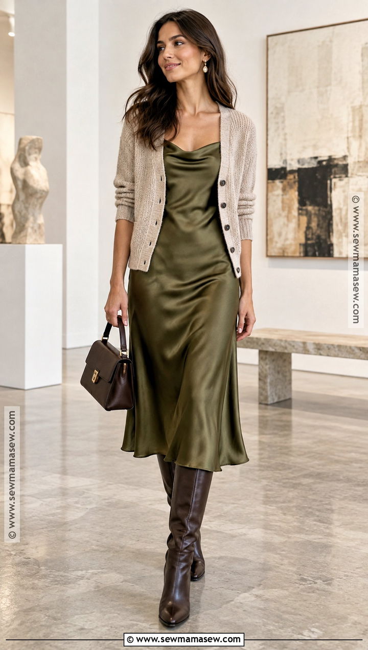 Satin Midi Dress With Cardigan Sweater - 15 Fall Dress With Sweater Outfit Ideas