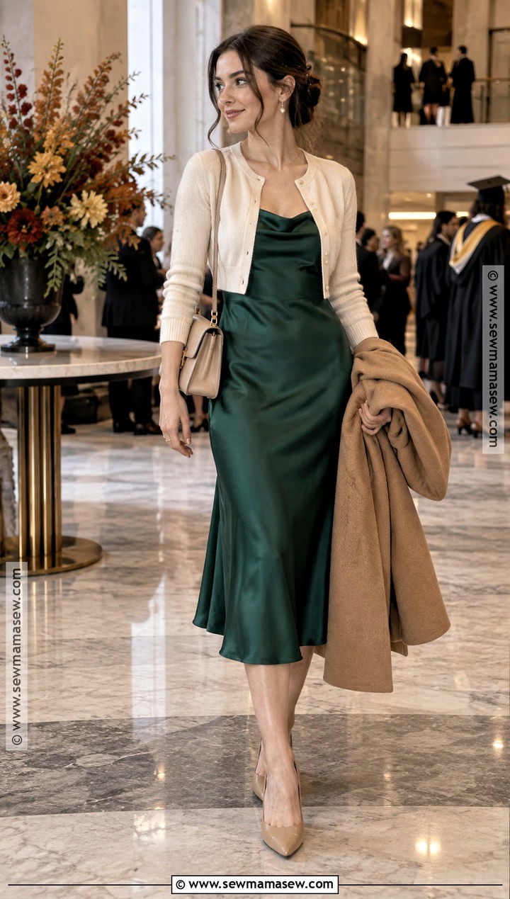 Satin Midi Dress With Cropped Cardigan And Pumps - 15 fall graduation guest outfit ideas