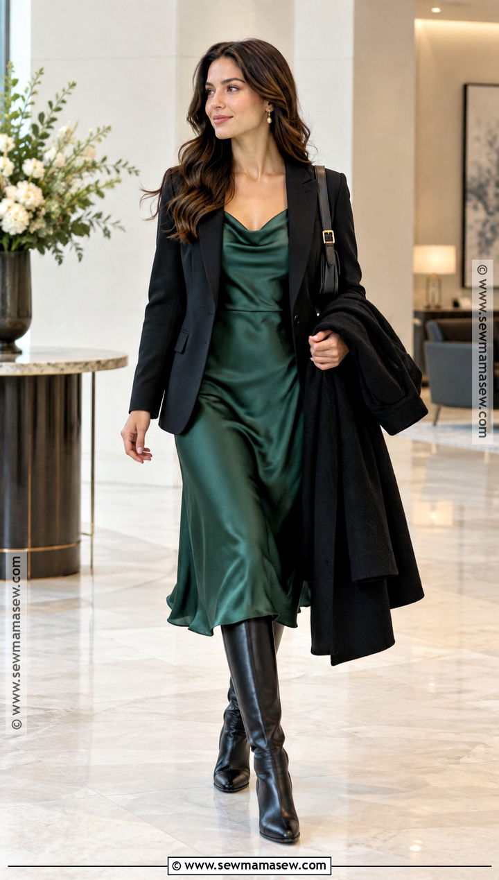 Satin Midi Dress With Leather Knee High Boots - 15 Fall Dress Knee High Boots